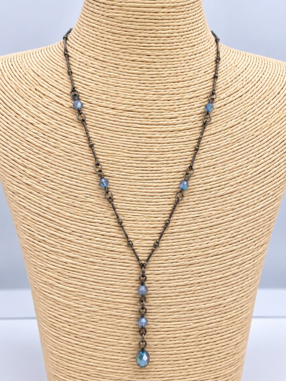 Blue Iridescent Crystal Y Drop Necklace Gunmetal Long Beaded Necklace